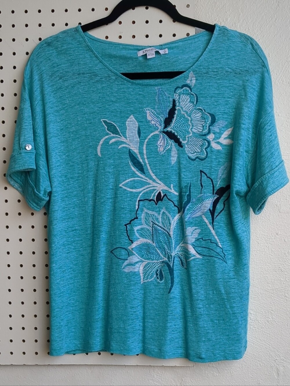 Chico's Teal Short Sleeve Floral Applique Tee
